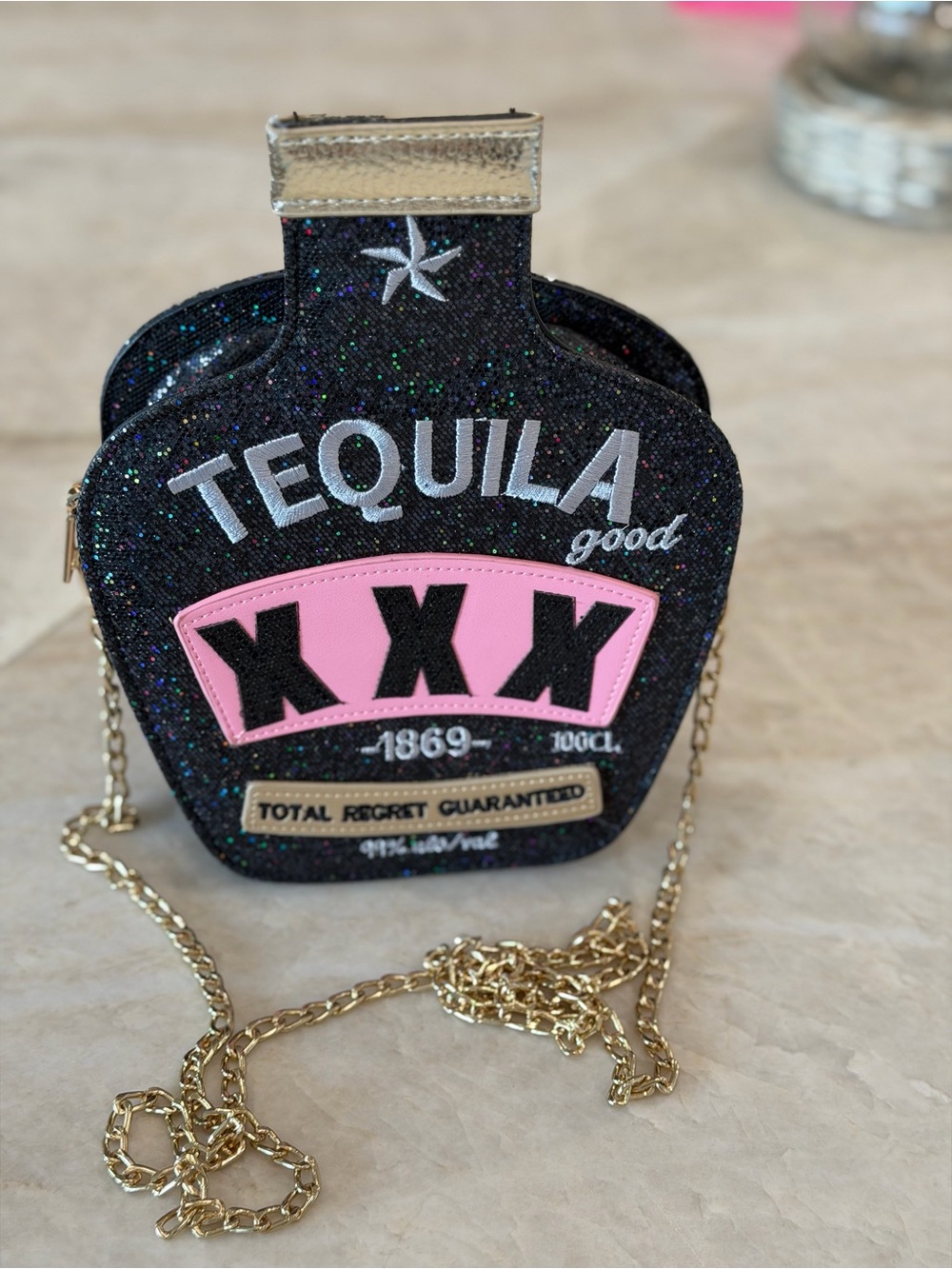 Glitter Tequila Bottle Crossbody Bag - Black & Pink Accent
